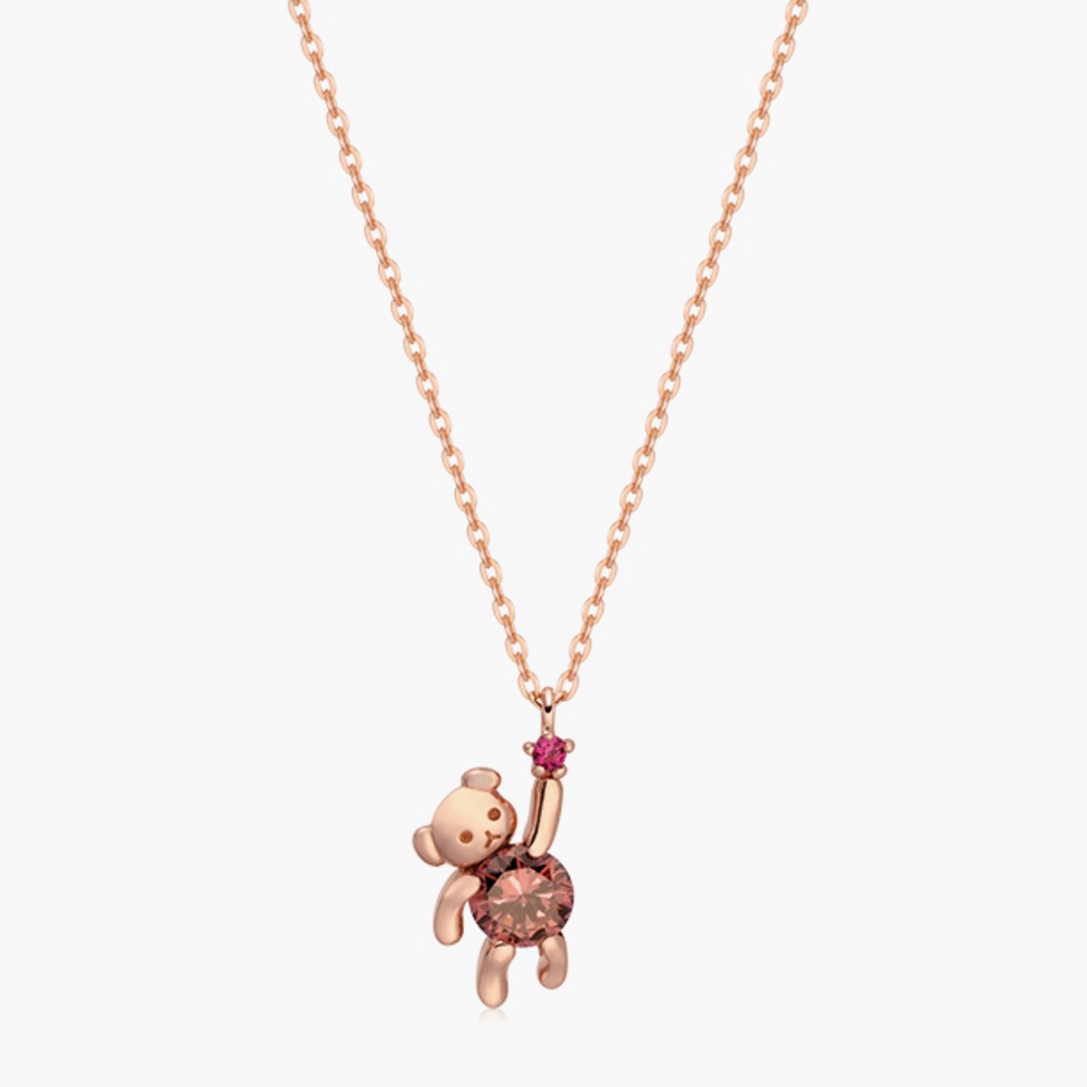 Rodolite Ruby Stone Pink Teddy Bear Necklace 14K, 18K 로돌라이트 루비 스톤 핑크 테디베어 목걸이